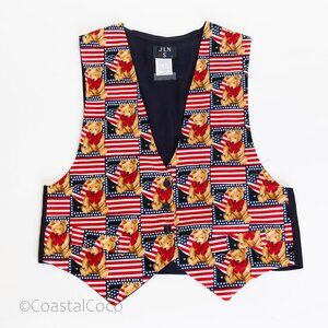 Vintage JLN USA Patriotic Teddy Bear Vest Unisex XL Americana Flag 100% Cotton
